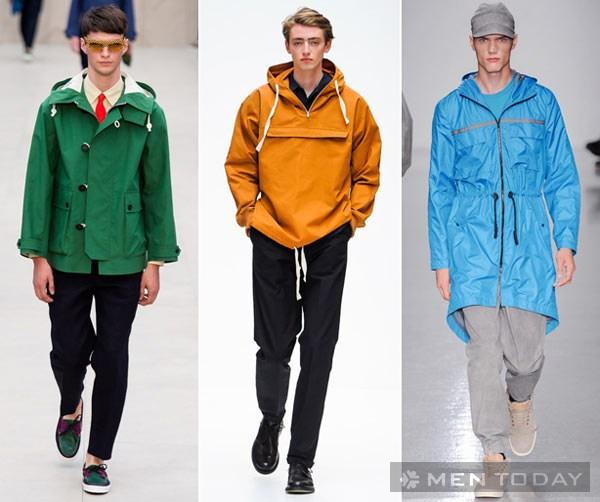 Whether drawing on a military, mountaineering, or nautical tradition, technical outerwear is nothing new. And it sure isn't going anywhere. But next spring, you can bet it's gonna be strong on bold statement colors. From left: Burberry Prorsum, Margaret Howell, Christopher Raeburn.