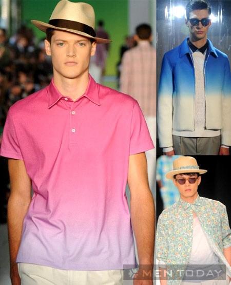 Borrowing from the girls' trend box, a gentle sprinkling of ombré makes headway as the ultimate summer motif. Clockwise from top left: Richard James; Jonathan Saunders; YMC.