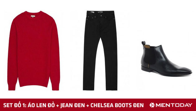 Áo len đỏ kết hợp cùng quần jeans đen và boots da