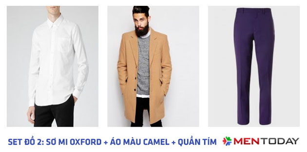 Sơ mi oxford kết hợp cùng áo khoác màu camel và quần tím